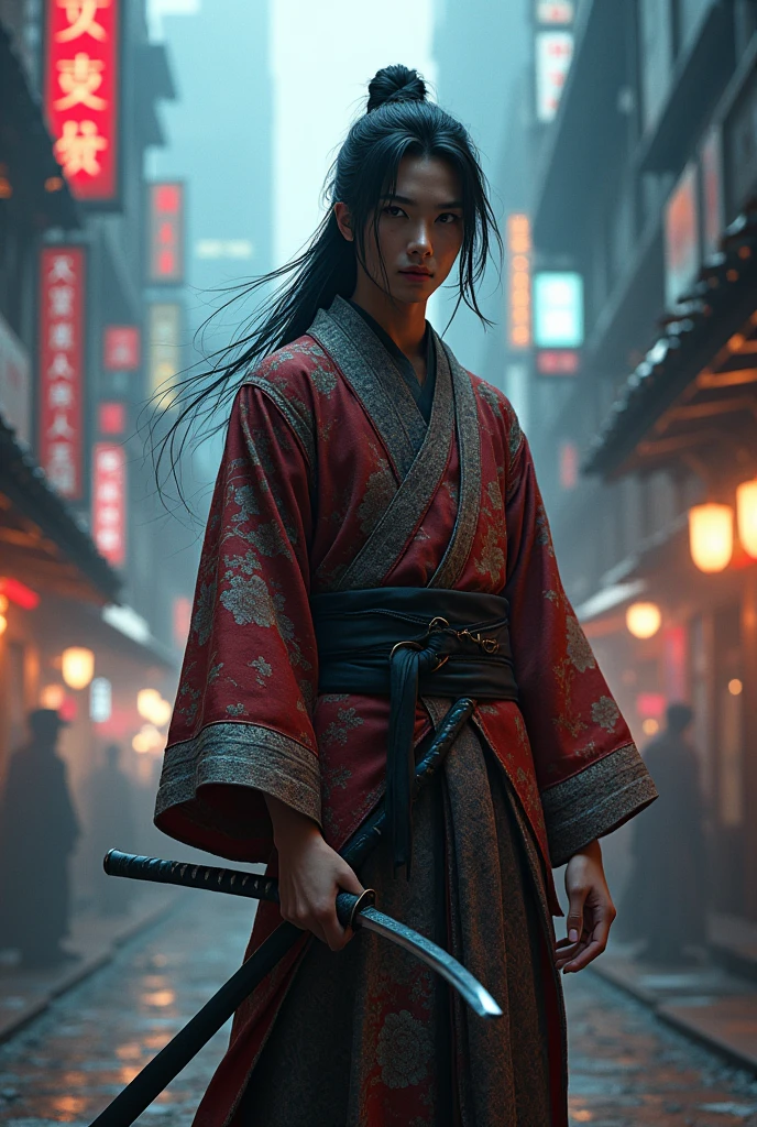 tall dark-haired young man, with long hair, wearing a kimono and katana in a cyberpunk environment