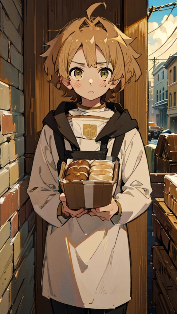 ((Highest quality)), (detailed), 1 person, Olive skin, Redhead, ショートヘア, Fluffy hair, Messy Hair, Big eyes, Brown eyes, そばかす, セーター, A tense look, male, ((masterpiece))