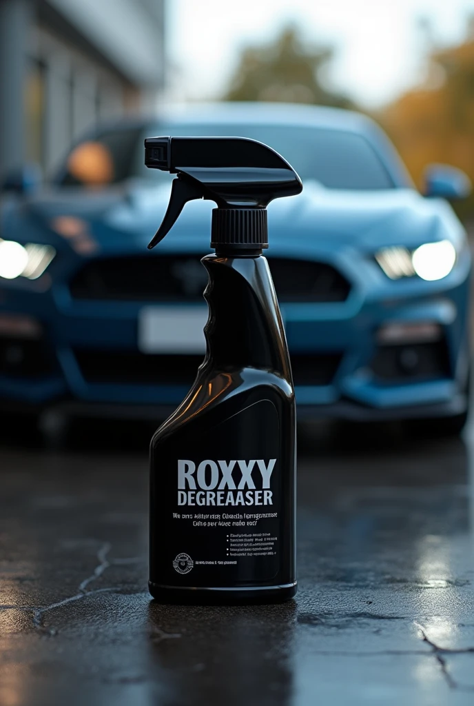 Product called roxy degreaser in black spray bottle with car in the background write the product description in Portuguese in 500 ml bottle