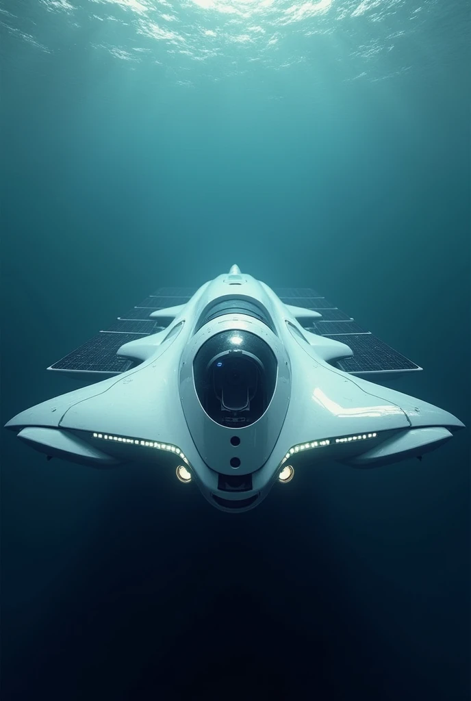 An underwater drone with solar panels on the ends and after the panels LED lights and a camera cabin in the middle at the bottom and top, needs to be boomerang shaped