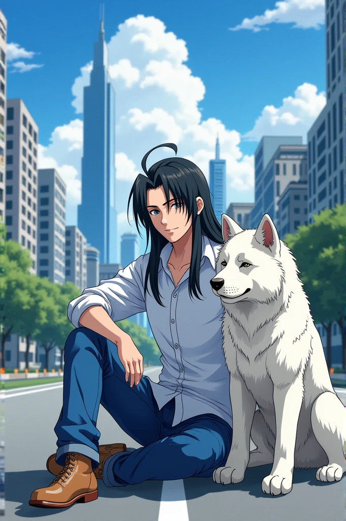 Anime character like gojo wearing jins and white shirt sitting on a road with a big white dog with a city background