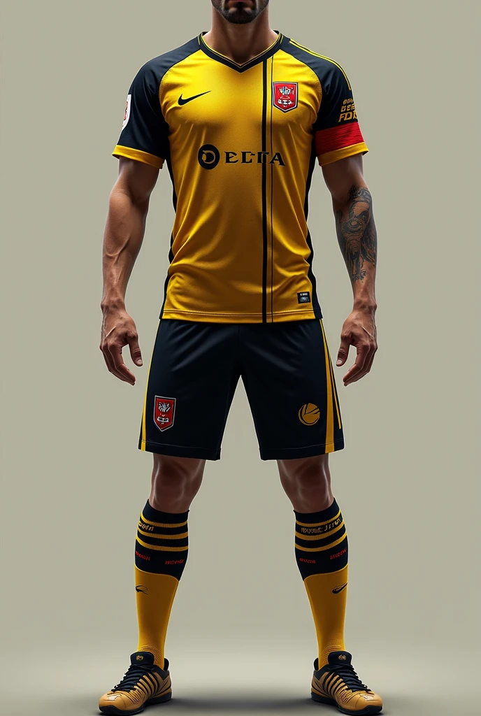 Creative and aggressive uniform of a football team called Delta FC whose colors are gold and black with fine red details 360 degree images