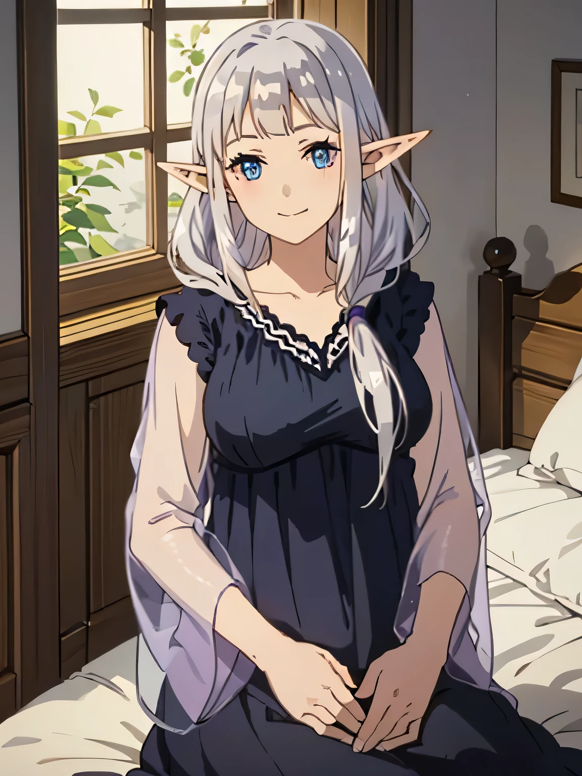 best quality, masterpiece, highly detailed, ruu rurushi, 
light smile, closed mouth,
grey hair, long hair, blue eyes, pointy ears, (hair over shoulder:1.4),
nightgown, purple dress, medium breasts, upper body,
sitting, on bed, looking at the viewer,
indoors