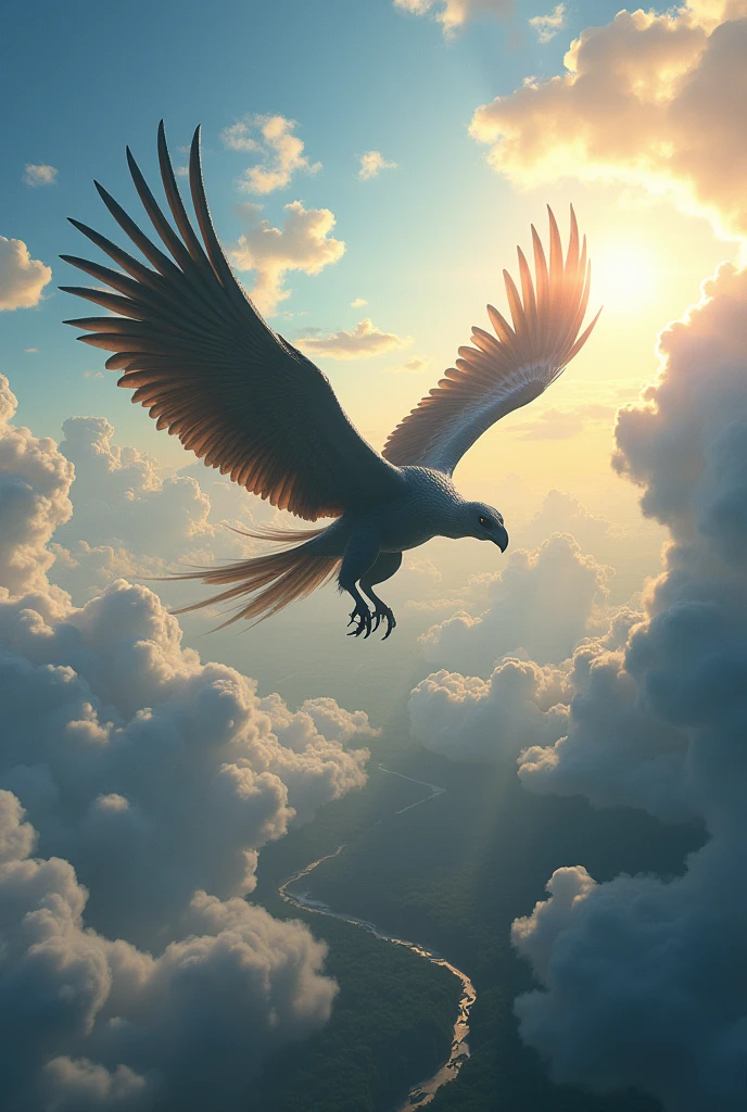 A scene showing the Teratornis flying higher into the sky, where the air is thin and the world below looks small and distant. The bird is surrounded by fluffy white clouds, with the sun shining brightly above. The landscape below is a mix of forests, rivers, and open plains, appearing tiny from the bird's vantage point.
