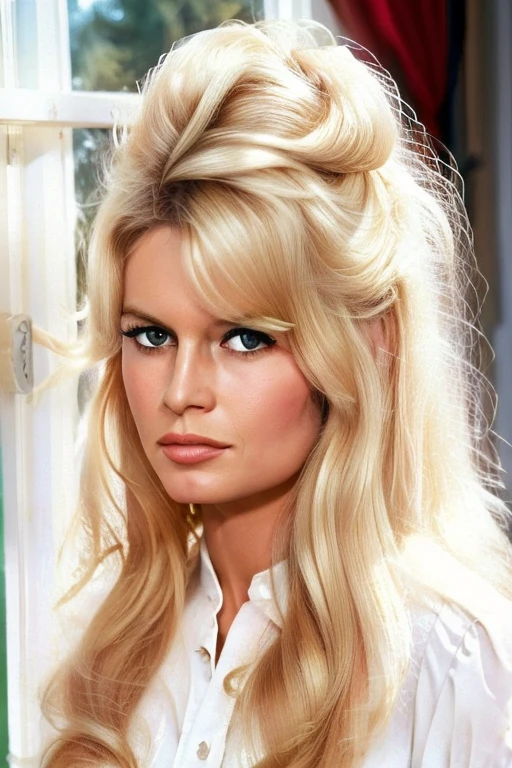 a Realistic Full Portrait of a bbardot woman with long blonde hair and dark eye makeup, Beautiful, Detailed face, Perfect Eyes, (highly detailed skin:1.1), ((wearing a white shirt)), sitting on a bed, window, curtains waving, sunny sky outside the window, (8K, best quality:1.2), (masterpiece:1.37), (photorealistic:1.2), (ultra realistic:1.2), (high contrast:1.1), (intense:1.1), (detailed:1.1), (perfect body:1.1), (dynamic pose:1.1), (highest quality, by Alessandro Casagrande, Greg Rutkowski, Sally Mann, concept art), (analog:1.2), (high sharpness), real shadow, 3d, (by Michelangelo), photographed by Canon EOS R6, 135mm, 1/1250s, f/2.8, ISO 400