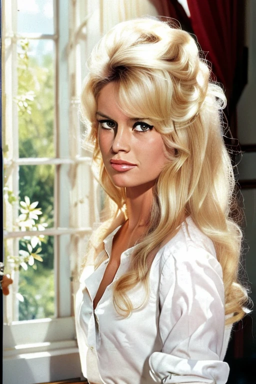 a Realistic Full Portrait of a bbardot woman with long blonde hair and dark eye makeup, Beautiful, Detailed face, Perfect Eyes, (highly detailed skin:1.1), ((wearing a white shirt)), sitting on a bed, window, curtains waving, sunny sky outside the window, (8K, best quality:1.2), (masterpiece:1.37), (photorealistic:1.2), (ultra realistic:1.2), (high contrast:1.1), (intense:1.1), (detailed:1.1), (perfect body:1.1), (dynamic pose:1.1), (highest quality, by Alessandro Casagrande, Greg Rutkowski, Sally Mann, concept art), (analog:1.2), (high sharpness), real shadow, 3d, (by Michelangelo), photographed by Canon EOS R6, 135mm, 1/1250s, f/2.8, ISO 400