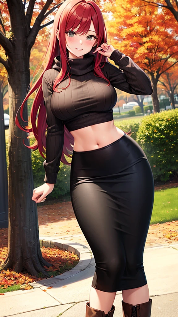 ((masterpiece, best quality, ultra-detailed)), highres, beautiful angry business woman looking at viewer, black midi pencil skirt, long pencil skirt, white blouse, heels, full body, large bust, wavy crimson hair, summer, backyard, fence, garden, hand on hip