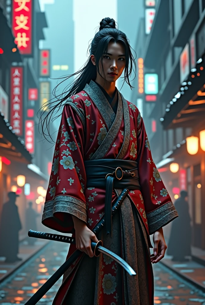 tall dark-haired young man, with long hair, wearing a kimono and katana in a cyberpunk environment 