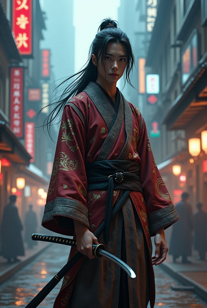 tall dark-haired young man, with long hair, wearing a kimono and katana in a cyberpunk environment 