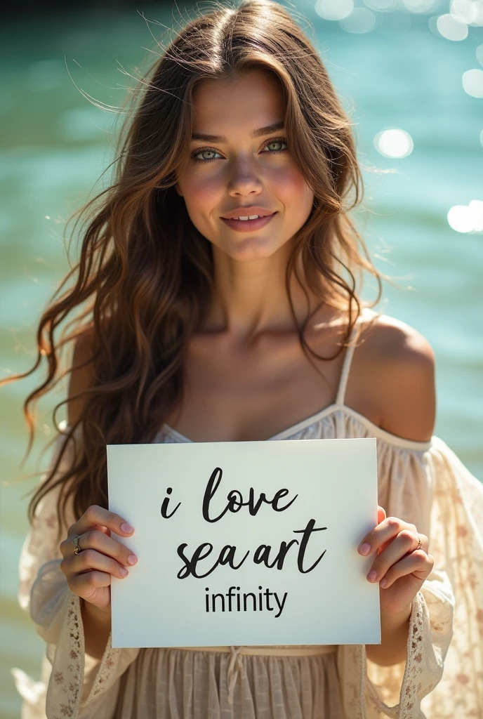 Beautiful girl with wavy long hair, bohemian dress, holding a white board with text "I Love Seaart Infinity" and showing it to the viewer