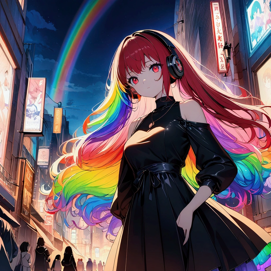 (((anime))) A woman falling from the roof of a building,Gal,Long Hair,(Rainbow Hair),Bangs parted in the center,Black headphones,necklace,Look here,Red eyes,Big Eyes, Drop Shoulder Dresses,Volume sleeve,City of night,signboard,Street lamp light,Backlight,masterpiece,Highest quality,Exquisite,8k,Absurd,Ultra-fine illustrations,(View your audience)