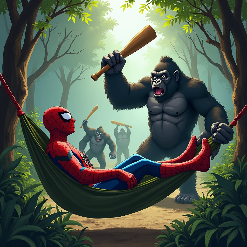 The image presents a humorous and adventurous scene set in a dense forest. Spider-Man is lounging casually in a hammock, seemingly unbothered, while a large gorilla menacingly approaches him with a wooden bat raised, as if about to strike. In the background, chaos ensues as more gorillas are involved in some sort of conflict or chase. The scene is both tense and absurd, mixing the calm demeanor of Spider-Man with the imminent threat posed by the gorilla. The contrast between the laid-back attitude of Spider-Man and the surrounding mayhem adds a comedic element to the image.