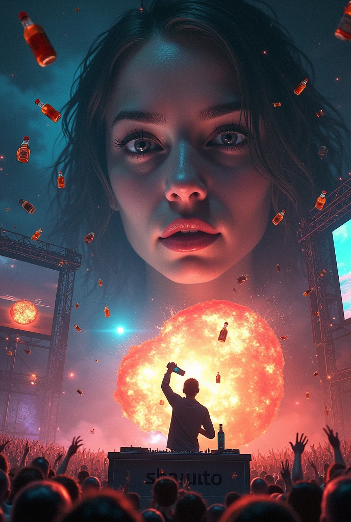  A woman&#39;s gaze in the background, while whiskey bottles fell from space into an electronic music concert and with the word of sbagliato on the concert screens, while a planet explodes and a bottle of whiskey is opened by a DJ in the middle of a concert, All this with the look of a woman fainting in the sky and lights everywhere 