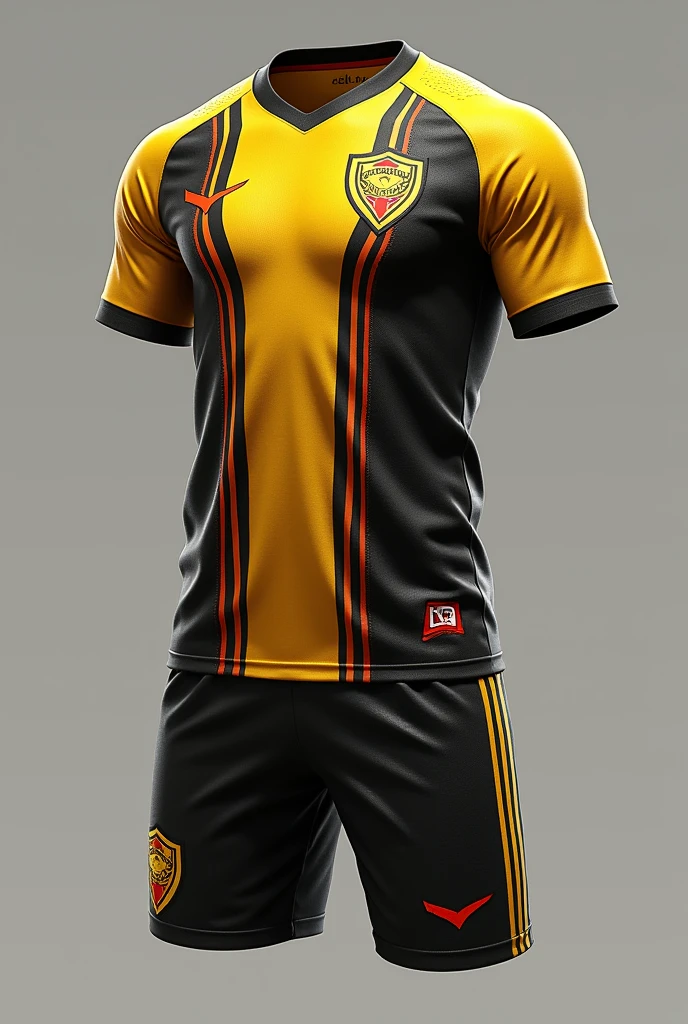 Creative and aggressive uniform of a football team called Delta FC whose colors are gold and black with fine red details 360 degree images