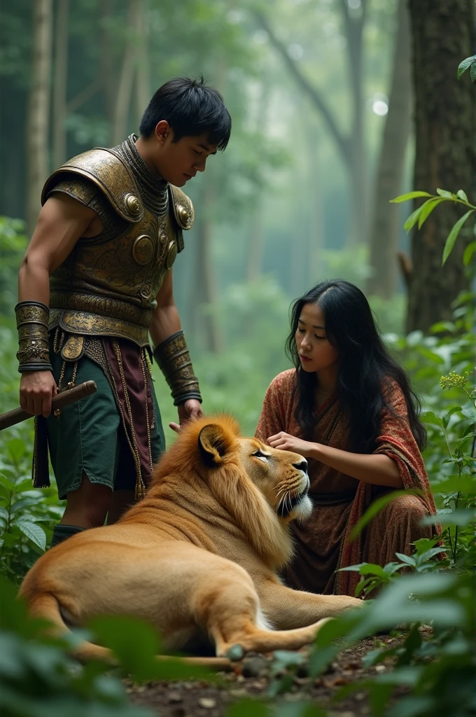 poster film,Portrait of a young Indonesian man wearing a gladiator costume helping a young Indonesian woman next to a lion lying on the ground with many arrow wounds.,in a real forest best quality
