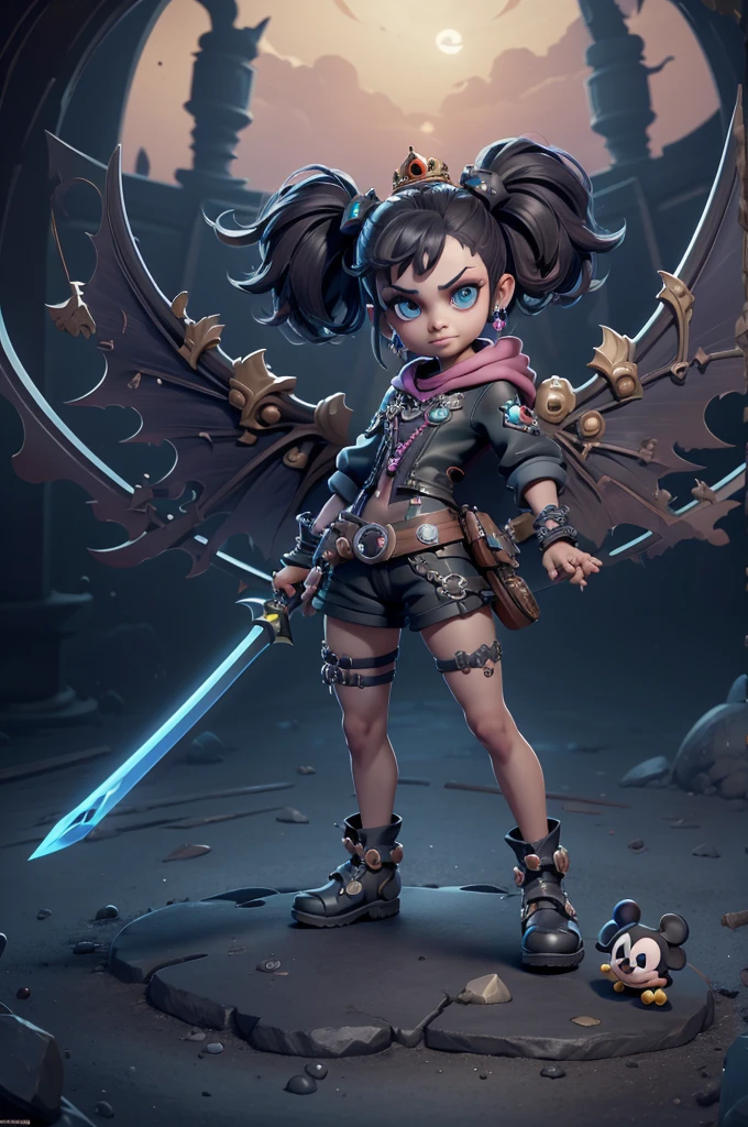 monstros estilos kingdom hearts, baseados em animais,3d style, shadown monster, demons, darkness monster, rayman legends, mickey mouse character style, girl and body, kingdom hearts, malhas leves e quentinhas, cores frias e alegres, portando espada magica, dark mouse in around, (raytrace), peitões,((armas brancas))