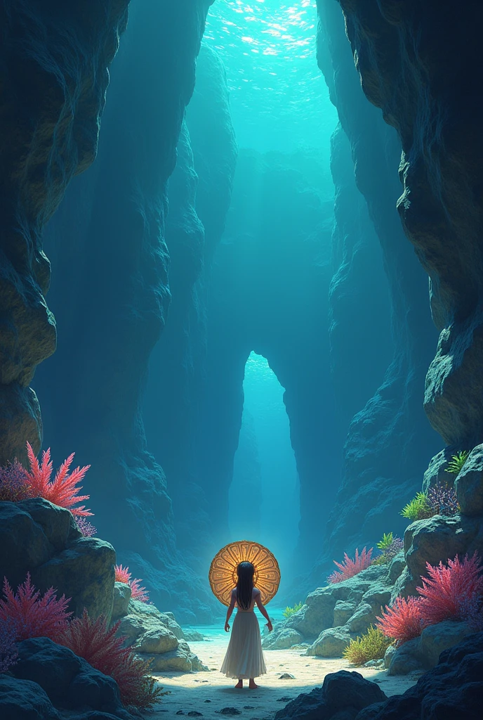 The cave of Sonofi is a vast underwater labyrinth bathed in a soft, otherworldly glow. The walls are lined with luminous algae, casting an array of colors that dance and shimmer. Hidden alcoves reveal vibrant coral gardens and intricate rock formations. The ancient artifact that Sukiongka discovers is an ornate shell adorned with glowing runes, and the central pearl is a large, radiant sphere that emits a warm, calming light