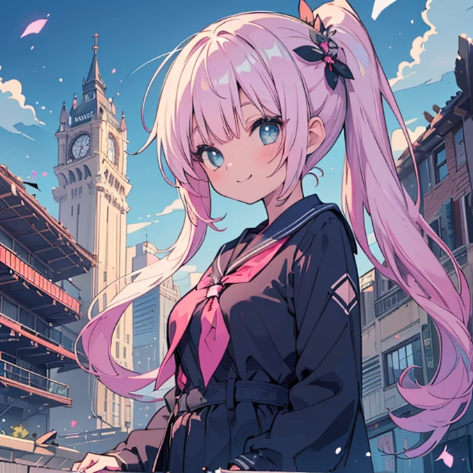 delicate、masterpiece、Highest quality、2 peopleの、2 peopleだけ、2 people、(((cute、Pink Hair、Long Hair、Twin tails,distinct eyes、haveは無し)))、(((cute、Silver Hair、Side Tail、High ponytail on the left、have)))、Flat Color、2 peopleとも正面を向いている、Sparkling eyes sketch(flying debris), (Highest quality), Very detailed, ((1 person)), Focus Only,dynamic,((smile)),Perfect Face, Beautiful Face, Very detailedな顔,Sailor suit、Idle only,Gorgeous hair ornament,smile,Large Breasts,Buildings、Wide-angle shot,