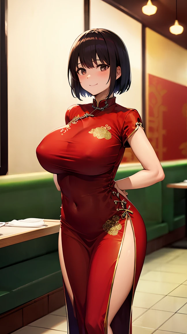 anime colored, 8K、An ultra-high picture quality、Best Quality、Realistic Woman、A smile、Japanese face、1 girl、(curvy woman:1.2)、a navel、black hair、short hair、black  eye、gigantic breasts、walking pige-toad、(red china dress:1.5),  (looking straight:1.8)、arms behind back、 (greaming skin:1.4)、(in_the_restaurant:1.8), BREAK nsfw, 