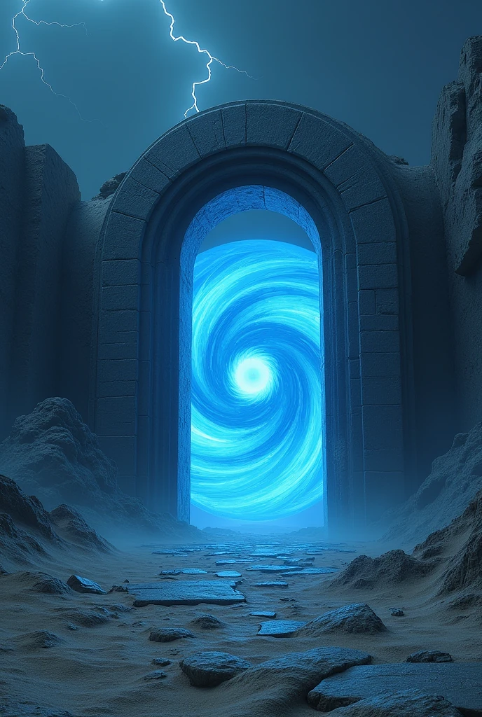 an arched door in front of a swirling blue portal in a grey stony desert lightning lit night