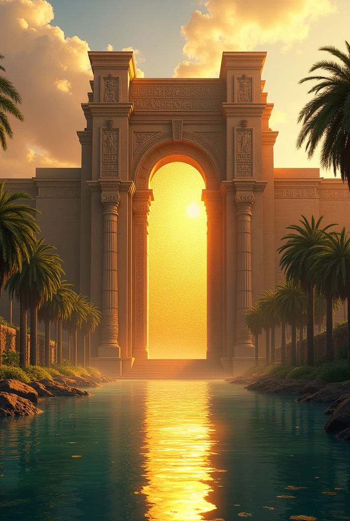 Egyptian style palace on the banks of a large river with a wall and a golden gate that shines like the sun