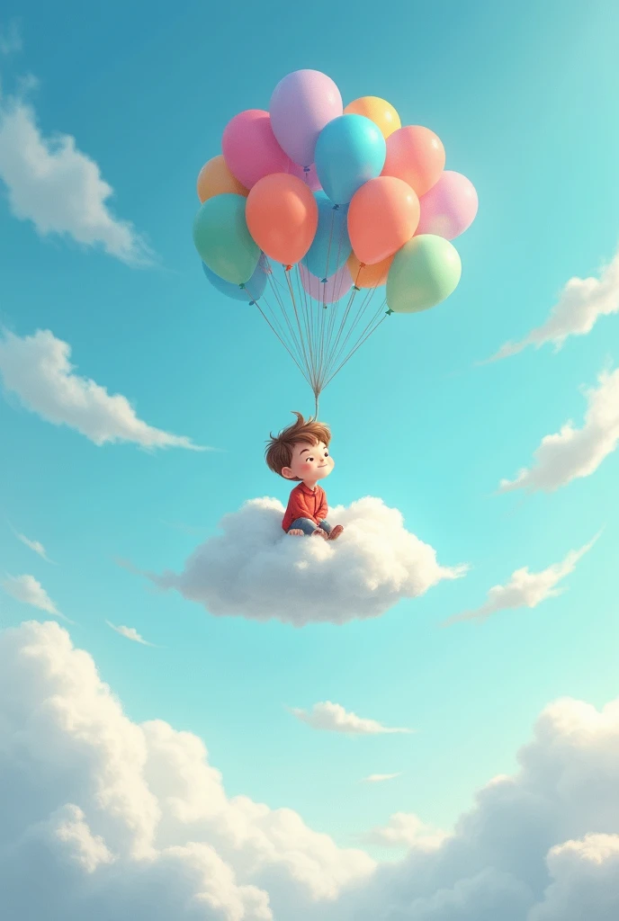 When max the  was sitting on a cloud with balloons.Just then, a friendly cloud floated by and the cloud said to max, “Don’t worry, . Just let go of some balloons!” to get down 
Max took a deep breath and let go of a few balloons. Slowly, he began to descend, feeling much better.