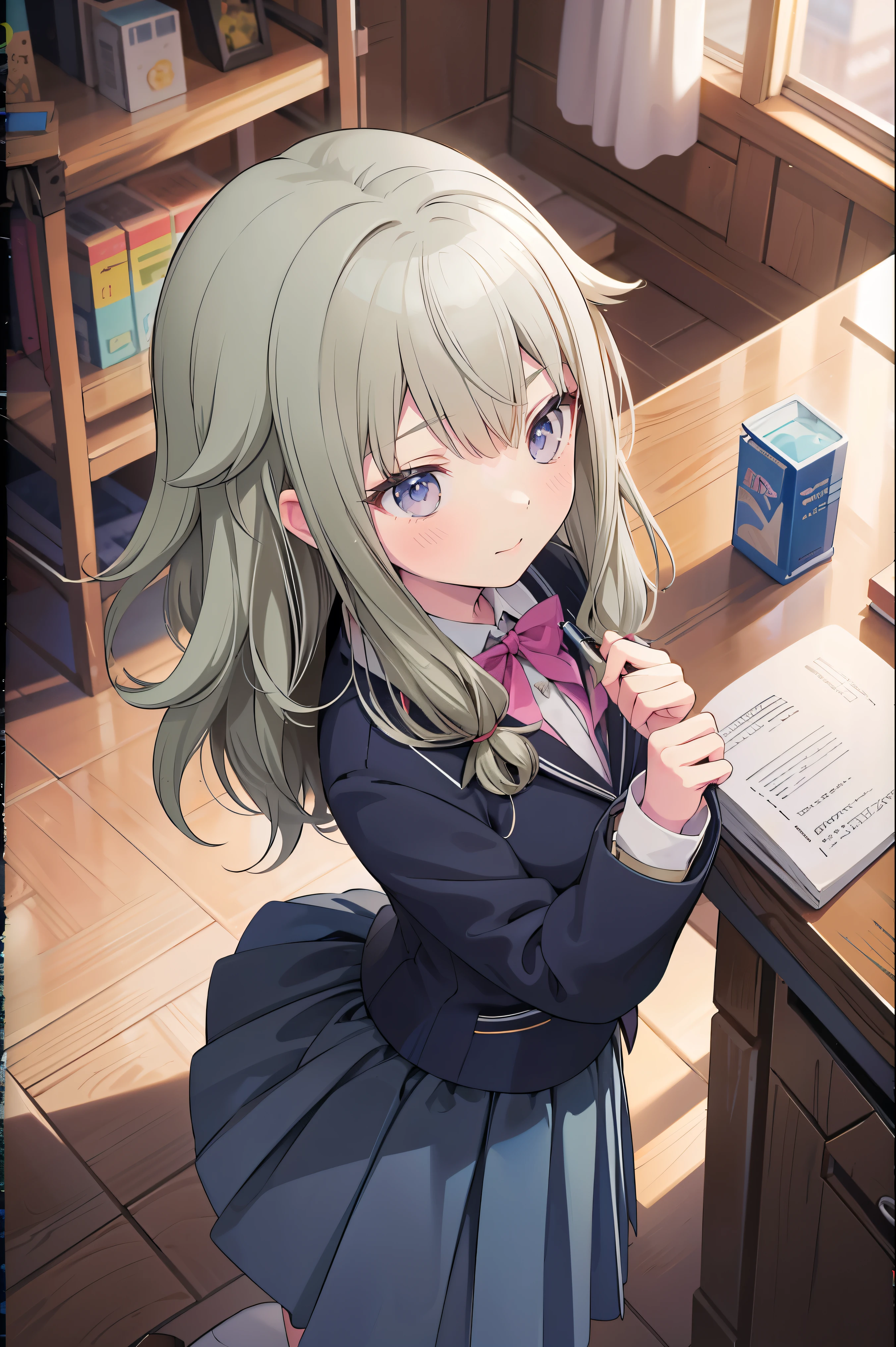(8k, 最high quality)、Ultra-high resolution、adorable、最high quality, beautiful, (((Absurd beauty)))、school uniform、blazer、high quality、Shiny Hair、Very fine and beautiful bright eyes、Medium chest、nose blush、Very detailed, clear and beautiful face, Awards, (Anatomically correct), (((from above)))