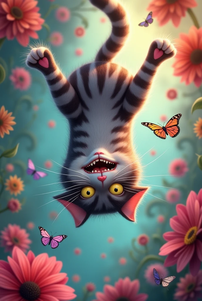 Cheshire cat smiling floating upside down, rainbow flowers and butterflies