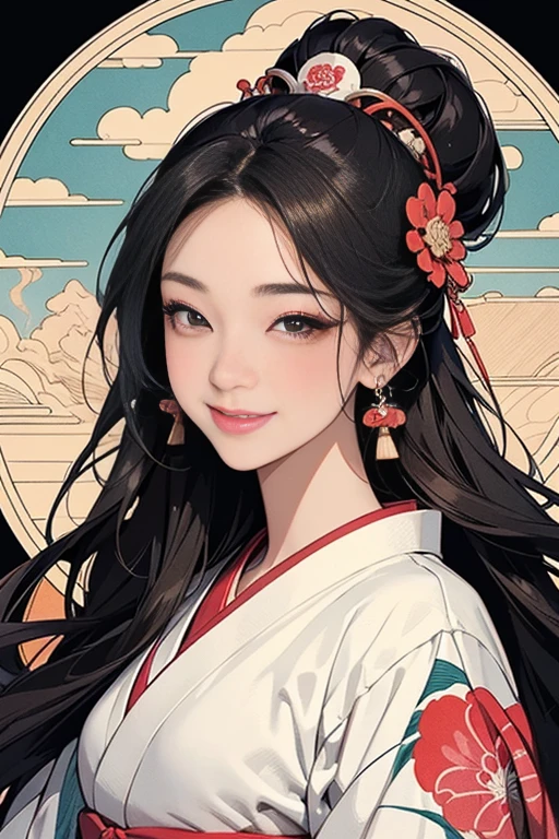 A beautiful woman smiles and shows her upper white teeth、Vividly colored Japanese Ukiyo-e style illustrations、(SeaArt creates stunning illustrations of beautiful women in kimono)、Brown-black long hair、Beautiful full body style、Beautiful digital painting,、Bright vibrant digital anime art、 Detailed digital anime art、 Beautiful anime portraits、background、Shrine in Kyoto, Japan、