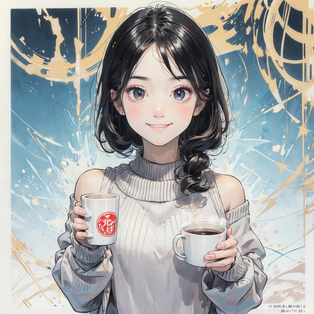 One person, solo, High resolution, Gaze, smile, Black Hair, masterpiece, Anatomically correct, 最high quality, detail, 高いdetail, High-resolution model, high quality, Very detailed, Mug in hand、Contains hot drinks、マグカップを差し出しながらお疲れ様とsmile、A loose, oversized summer sweater、The shoulders are sticking out、