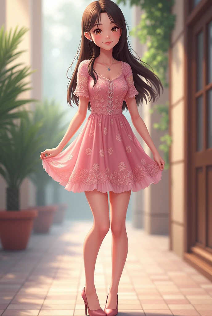 Pink lace dress，School Belle，Short skirt，whole body，High heel，Smile