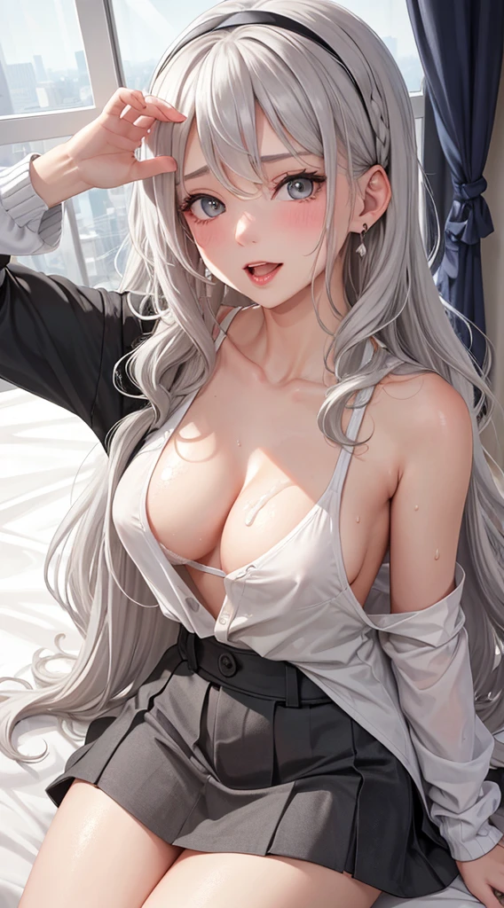 1Girl, 2, Solo, Anime, Ideal body, (Cleavage, Small breast, Hard Nipple). Beautiful, Gorgeous, Fresh, Pony Tails, side bangs, (White Grey Hair:1.5),(Straight and Wavy Long Hair:1.3), colorful, sweater, casual shirt, casual dress, casual skirt, camisol, cotton texture, laced, casual pants, Comfort, Fabric Texture. (Sit on bed:1.3). Earrings, Thin Black Headband, Green Accessories, Environmental Details, Bed Room, Natural Light, Modern Bed, Chair, Window, White Curtain, City View. pov, anime style, UHD, retina, masterpiece, accurate, anatomically correct, textured skin. High Resolution, Looking at viewer, Blush, Best Quality, Award Winning, Accurate, Embarrassed, seductive smile, naught smile, horny, sweating, Naughty Face, Chin up, lips open, Gradient Eye Color, Sexy Pose. Top view shot, body bent to viewer ,front of camera, looking up to viewer, tongue out, open mouth. From Above, Close-Up, (sticky goo on breast), (white goo on body), (sweating). Milk, white milk on breast.