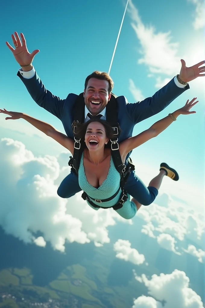 A man rich sky diving with girl
