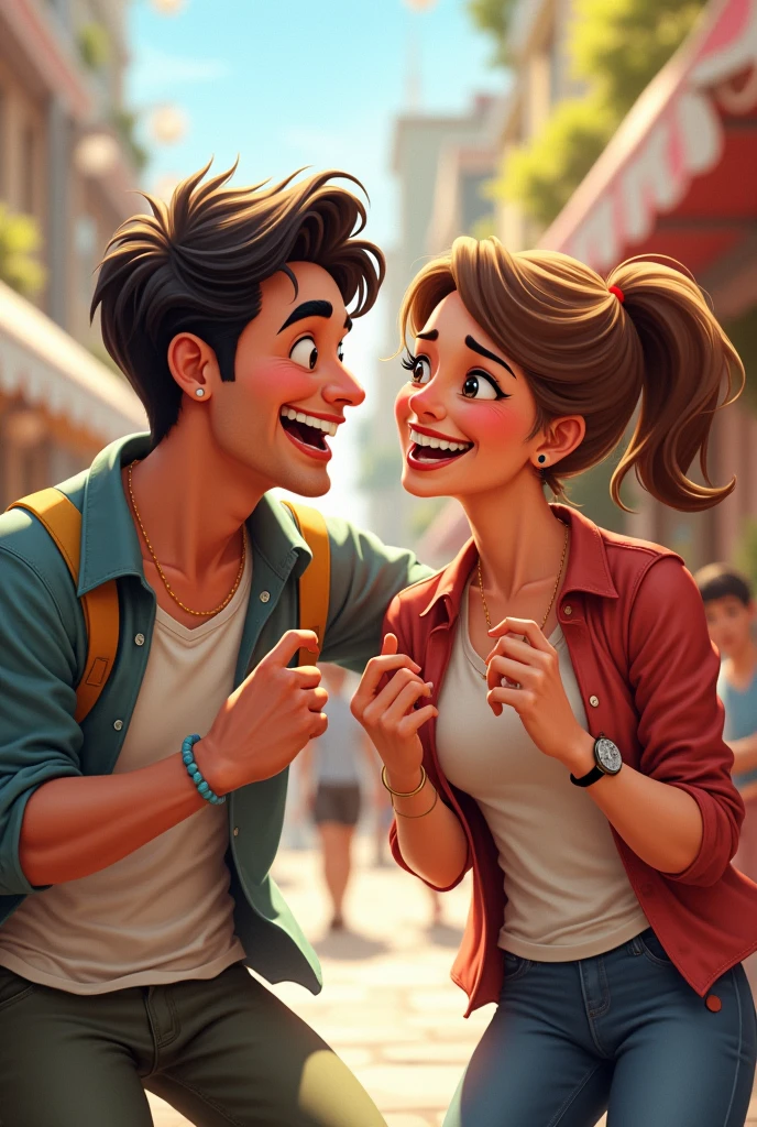 Man and woman friends, funny moments realistic with vibrant colours