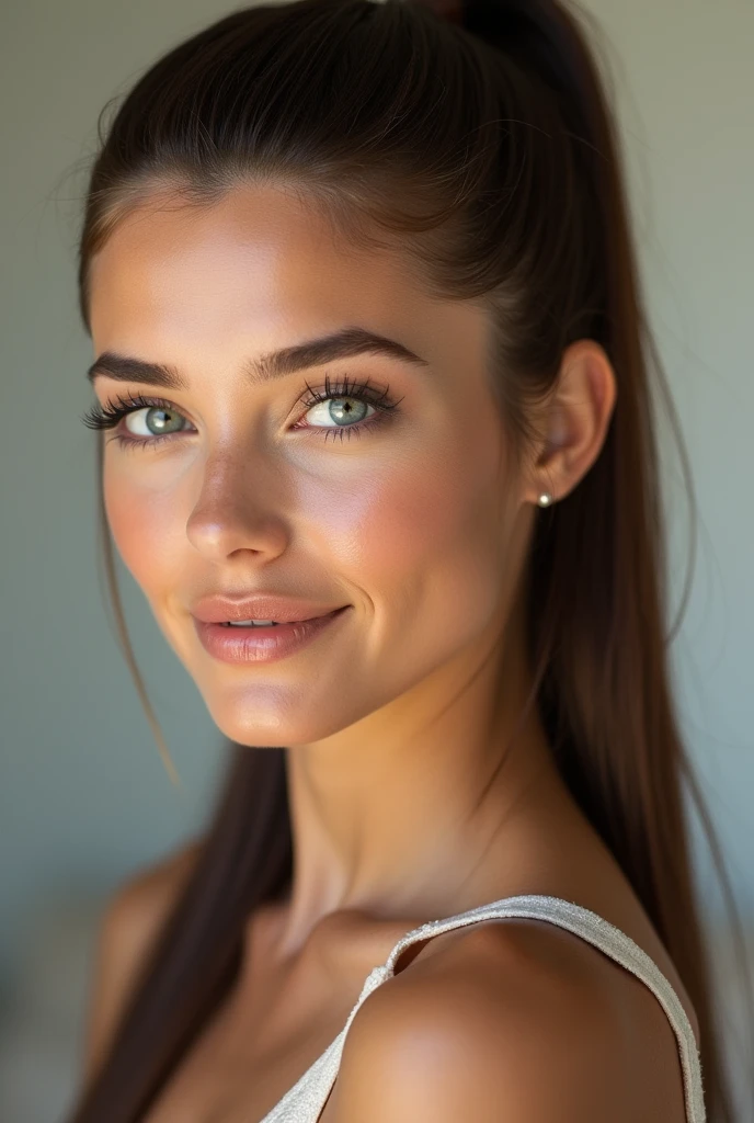 A very realistic and detailed photo of beautiful italian woman, light makeup,  long straight sleek ponytail brown hair, high quality photo 4k, very detailed, perfect fit, looking at the camera, detailed realistic face, detailed eyes 