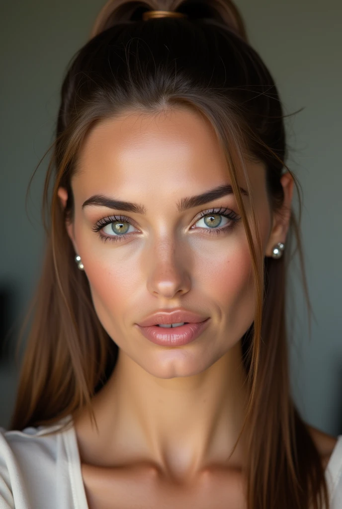 A very realistic and detailed photo of beautiful italian woman, light makeup, long straight sleek ponytail brown hair, high quality photo 4k, very detailed, perfect fit, looking at the camera, detailed realistic face, detailed eyes