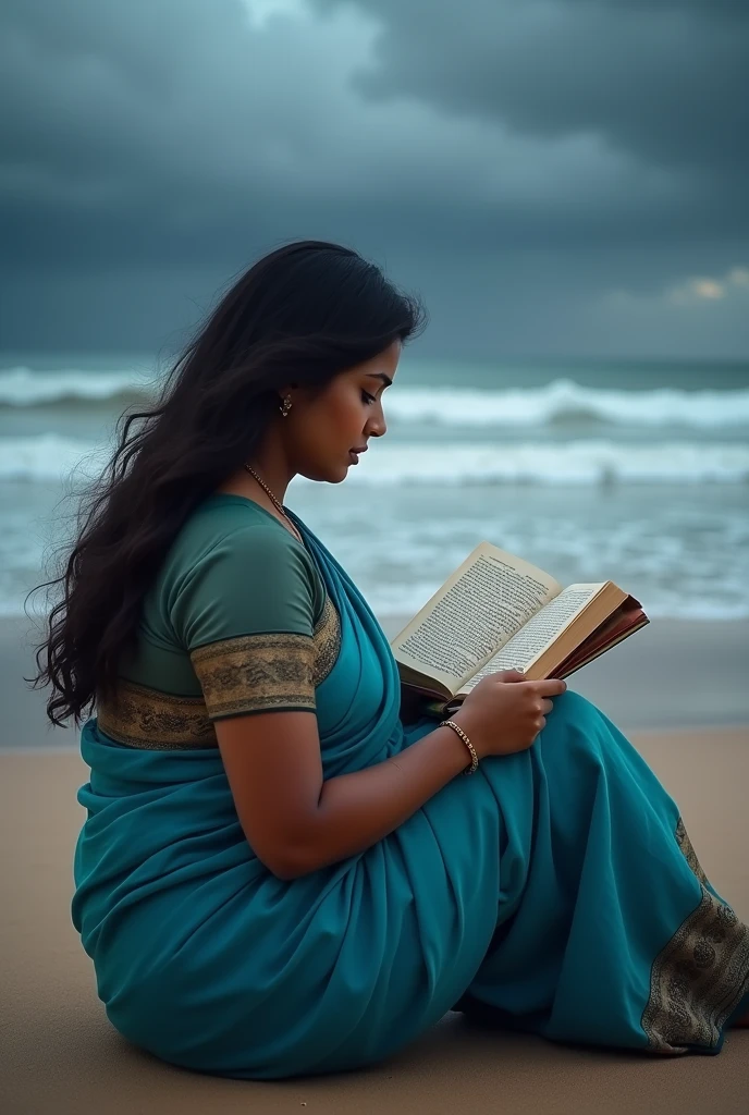 Indian Chubby curvy female aged 30 wearing blue kerala saree in kerala beach reading  Book back side view. Back ground sea and dark cloud sky. Close up view of book