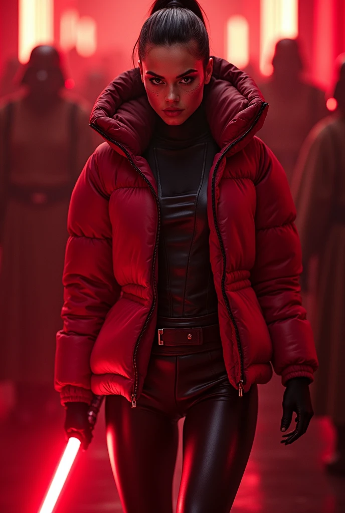  a slim ponytail  angry sith wielding her bright lightsaber, she is walking in room full of jedi,beautiful detailed bright red-colored eyes,beautiful freckles,beautiful detailed lips,extremely detailed eyes and face,longeyelashes, wearing beautiful detailed skintight airtight covering-head hooded armored formfitted duvetica overfilled overinflated shiny hyper gleamy  thick hyper glossy puffervest covering over her padded high-collared pufferjacket, glossy latex  leggings,symmetrical,masterpiece,cinematic,lifelike,hyperrealistic,8k,photorealistic,highly detailed,intricate,exquisite,elegant,beautiful,stunning