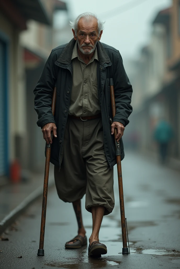 An image of an elderly man walking , in the opposite direction to the camera with crutches with the left leg amputated, that is, without the real terrifying and dark left leg