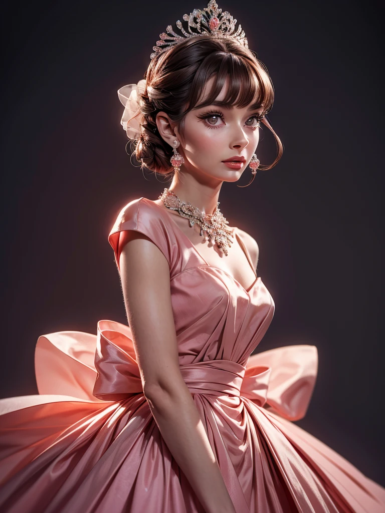 whole body, standing ,masterpiece, high quality, luxury, lovely, indi pink 1950s haute couture givenchy dress, Audrey Hepburn, black eyes, dark brown hair, grey background, realistic, photorealistic, ultra-detailed, 8k, best quality, detailed eyes, detailed lips, extremely detailed face, long eyelashes, elegant, graceful pose, beautiful, cinematic lighting, soft focus, warm colors, high fashion