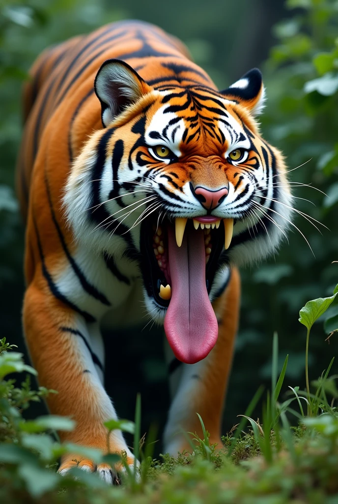 no_humans, tiger, animal, tongue, grass, snake, fangs, open_mouth, realistic, letterboxed, outdoors, animal_focus, tongue_out