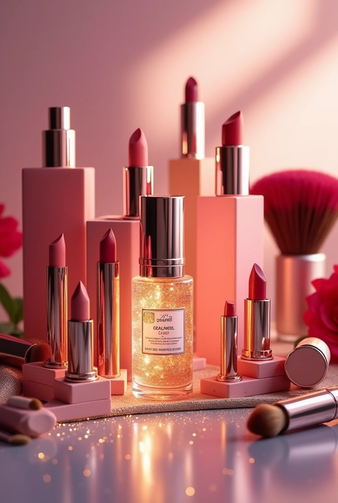 Create a vibrant and elegant cover image for a cosmetics Shopify store. The scene should include a beautifully arranged assortment of makeup products, featuring eye-catching lipsticks in various shades, sleek makeup palettes, and stylish brushes. Include a glowing face serum bottle with a luxurious label, surrounded by skincare products like moisturizers and creams. The background should be soft and minimalist, with a subtle hint of sparkle, to emphasize the products. Ensure the lighting highlights the textures and colors, giving the image a glamorous and inviting feel.