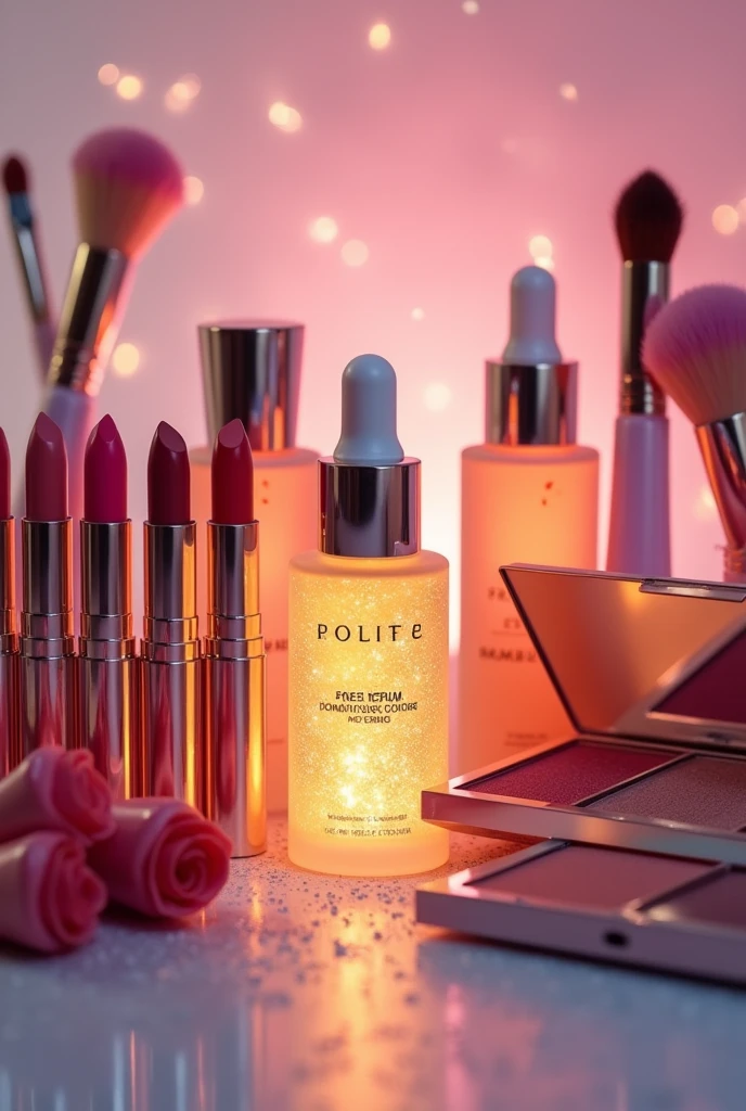Create a vibrant and elegant cover image for a cosmetics Shopify store. The scene should include a beautifully arranged assortment of makeup products, featuring eye-catching lipsticks in various shades, sleek makeup palettes, and stylish brushes. Include a glowing face serum bottle with a luxurious label, surrounded by skincare products like moisturizers and creams. The background should be soft and minimalist, with a subtle hint of sparkle, to emphasize the products. Ensure the lighting highlights the textures and colors, giving the image a glamorous and inviting feel.