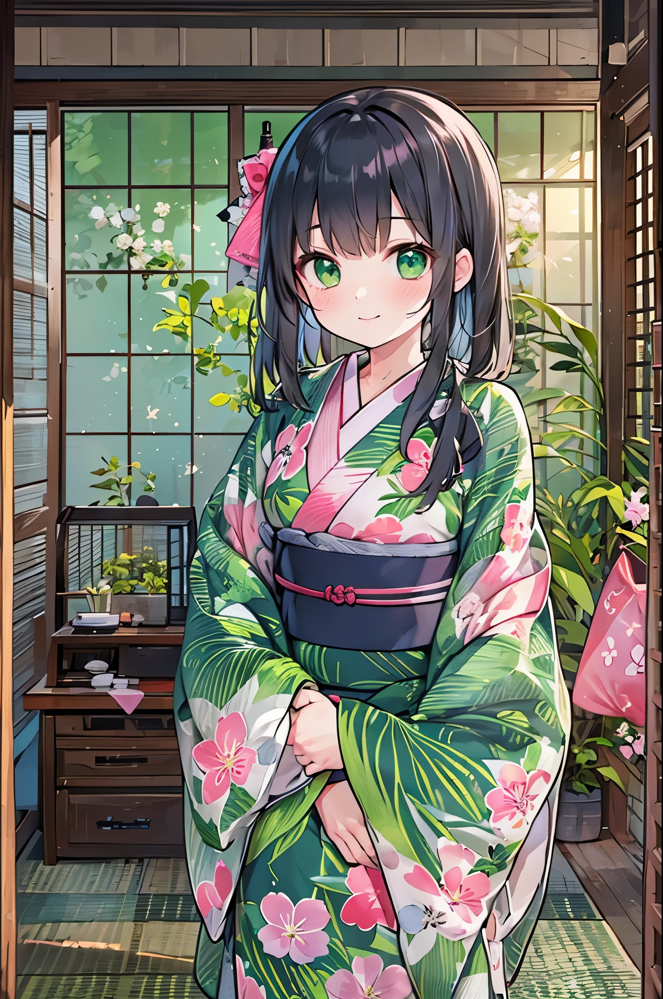 ((Highest quality, 8k, masterpiece: 1.3)), whole body,1 personの,1 person,,Glamorous Body,cute,smile,Black Hair,Beautiful emerald green eyes,long hair,((yukata,Bright pink fabric with morning glory pattern)),stand up,evening,Inside the room,
