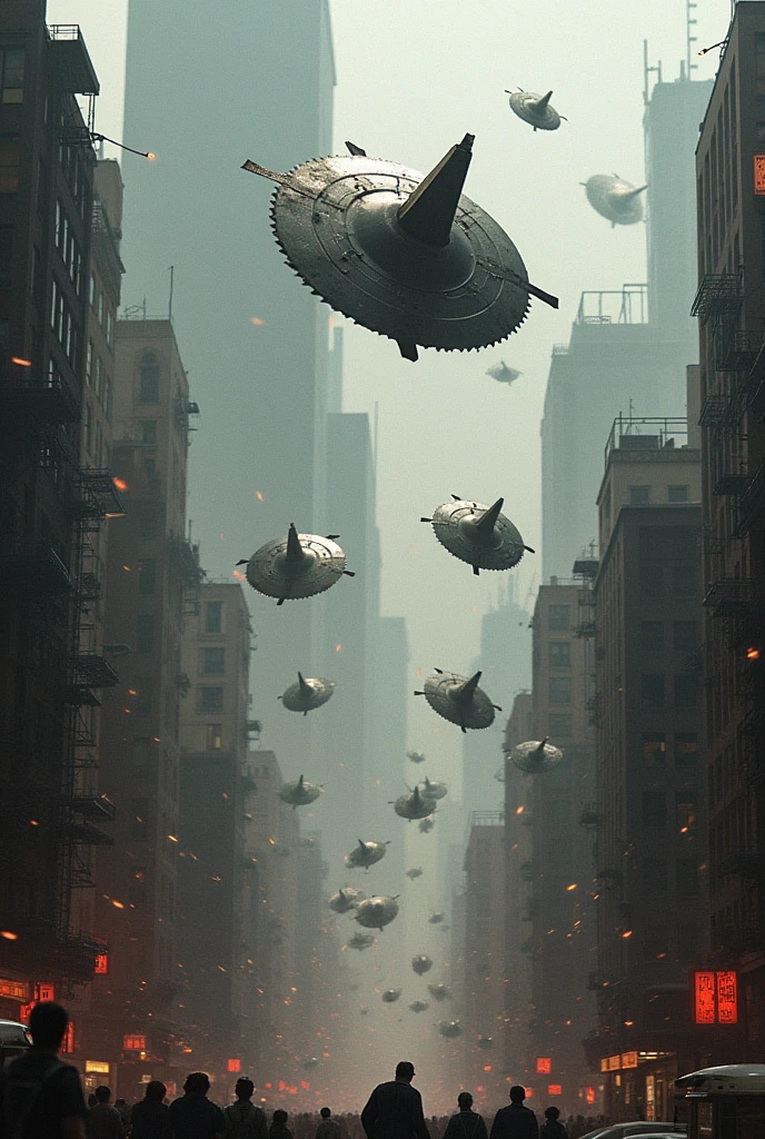 Countless flying metal saw-type disc weapons、rotate、Wind、flight、The city's attack、