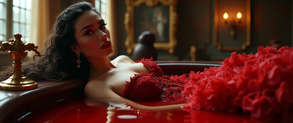 a chic ensemble stylish  woman in a baroque mess dress recline bathing in blood btah pool (best quality,4k,8k,highres,masterpiece:1.2),ultra-detailed,(realistic,photorealistic,photo-realistic:1.37),HDR,UHD,studio lighting,ultra-fine painting,sharp focus,physically-based rendering,extreme detail description,professional,vivid colors,bokeh,portrait,high fashion,elegant,glamorous,cinematic,dramatic lighting,moody,mysterious,sensual,sophisticated