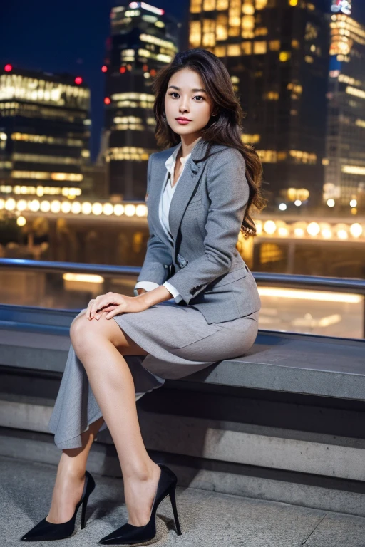 (Grey blazer)、Business Blouse、(Grey long skirt:1.3)、((Full Body Portrait))、silk pantyhose、Sitting、(Both legs and high heels look beautiful.)、1 girl、Perfect Anatomy, Perfect body, Perfect hands, Perfect Face, Perfect Eyes, Accurate, Anatomically correct, Perfectly clear and sharp focus、Large Breasts、Modern architecture at night on the background、Professional Lighting、((Highest quality、Ultra-high resolution、masterpiece)) 
