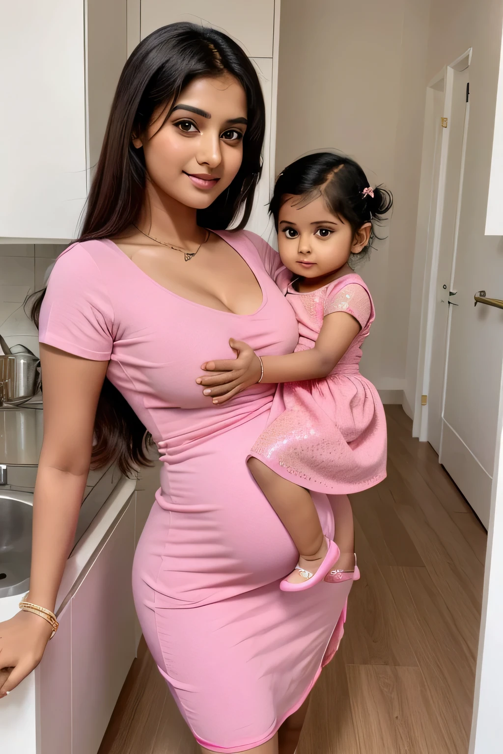 16 years cute beautiful Indian super bowl hot girl with small boobs with stylish modern pink color stunning dress with his cute little baby with full size hot pic with pregnant