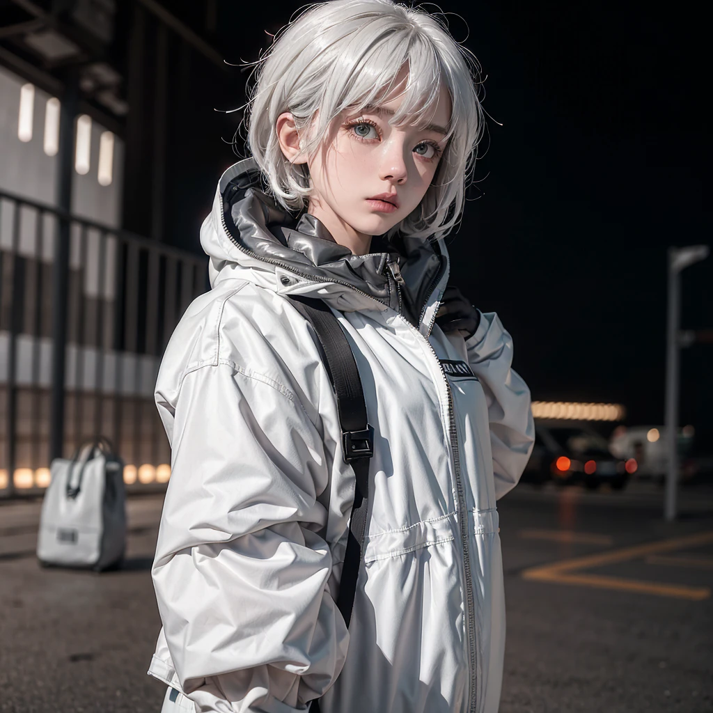 1girl, helmet, hood, solo, spacesuit, short_hair, bangs, jacket, upper_body, white_hair, bag, blurry, coat, grey_eyes, blurry_background, backpack, zipper, urban techwear, smoking, fog,