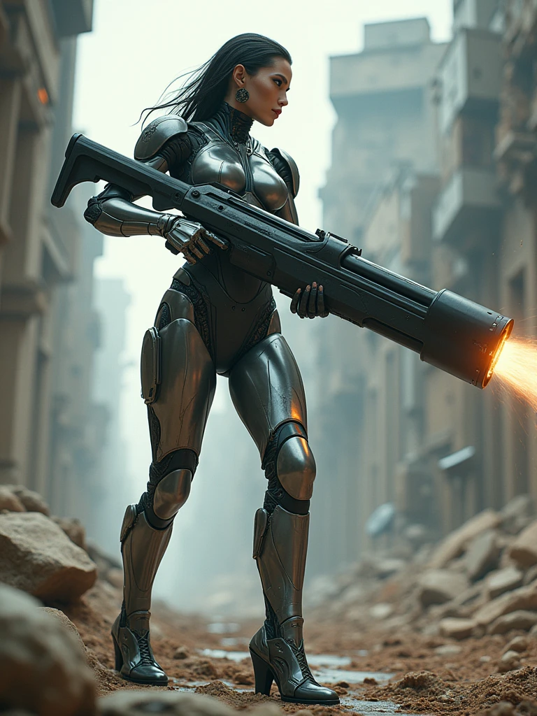 word Andromeda with droid font of big breasted woman,  firing a large weapon, background ruins, super detailed and sharp image, high contrast lighting, photorealism